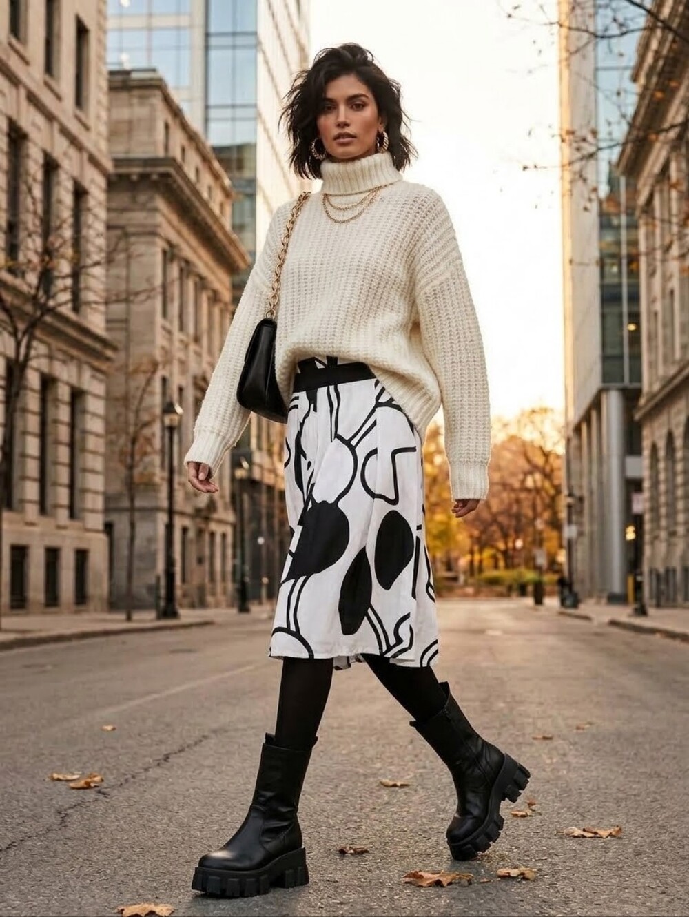 Mexx Black & White Abstract Print Midi Skirt US 6 Y2k